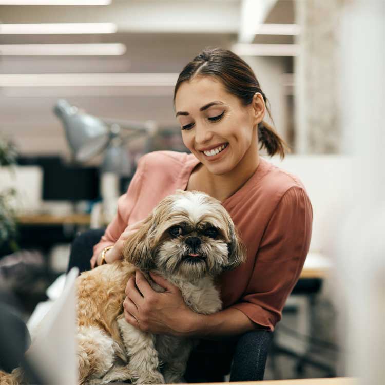 A woman sits at a desk with her dog comfortably resting on her lap.